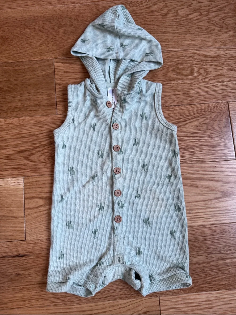 Sleeveless Hooded Waffle Knit Romper in Sage with Cactus Print